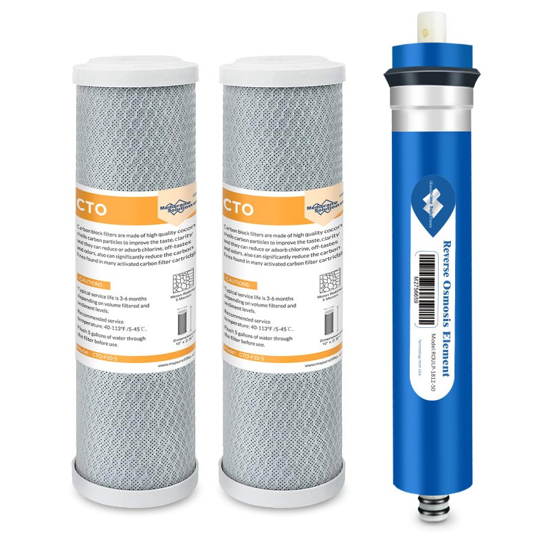 Membrane Solutions Combo Pack for FX12M and FX12P, Water Filter Replacement Cartridge Compatible GE RO Set GXRM10RBL GXRM10G Reverse Osmosis Systems, 2x Carbon Filters, 1x 50GPD RO Membrane Filter - Image 1